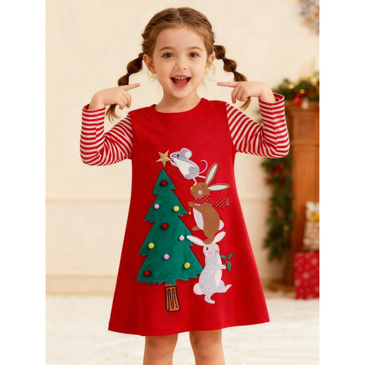 HILEELANG Toddler Girl Christmas Dress Long Sleeve Cotton Casaul Red Christmas Tree Applique Playwear Jersey Party Dresses