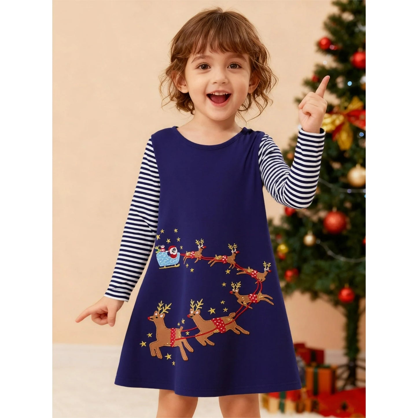 HILEELANG Toddler Girl Christmas Dress Navy Blue Deer Elk Santa Applique Long Sleeve Cotton Casual Dresses