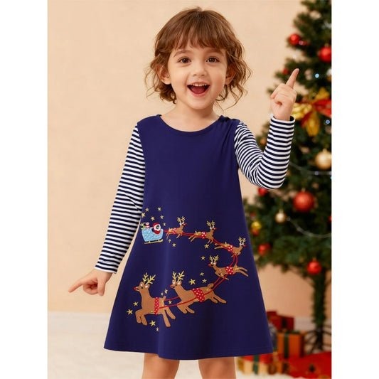 HILEELANG Toddler Girl Christmas Dress Navy Blue Deer Elk Santa Applique Long Sleeve Cotton Casual Dresses