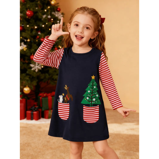 HILEELANG Toddler Girl Christmas Dress Navy Blue Deer Elk Santa Christmas Tree Applique Long Sleeve Cotton Holiday Dresses