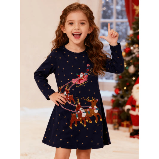 HILEELANG Toddler Girl Christmas Dress Navy Blue Dot Santa Elk Deer Long Sleeve Cotton Casual Holiday Dresses
