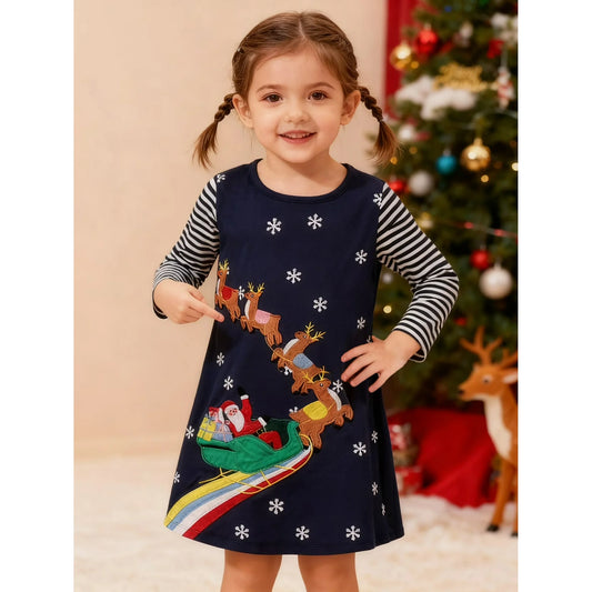 HILEELANG Toddler Girl Christmas Dress Navy Blue Santa Claus Christmas Elk Sleigh Snowflakes Cotton Casual Long Sleeve Dresses