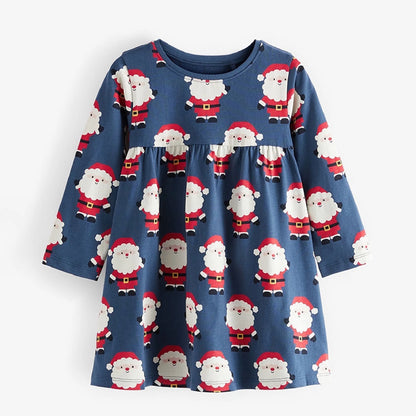 HILEELANG Toddler Girl Christmas Dress Navy Blue Santa Claus Cotton Casual Long Sleeve Tunic Playwear Holiday Dresses