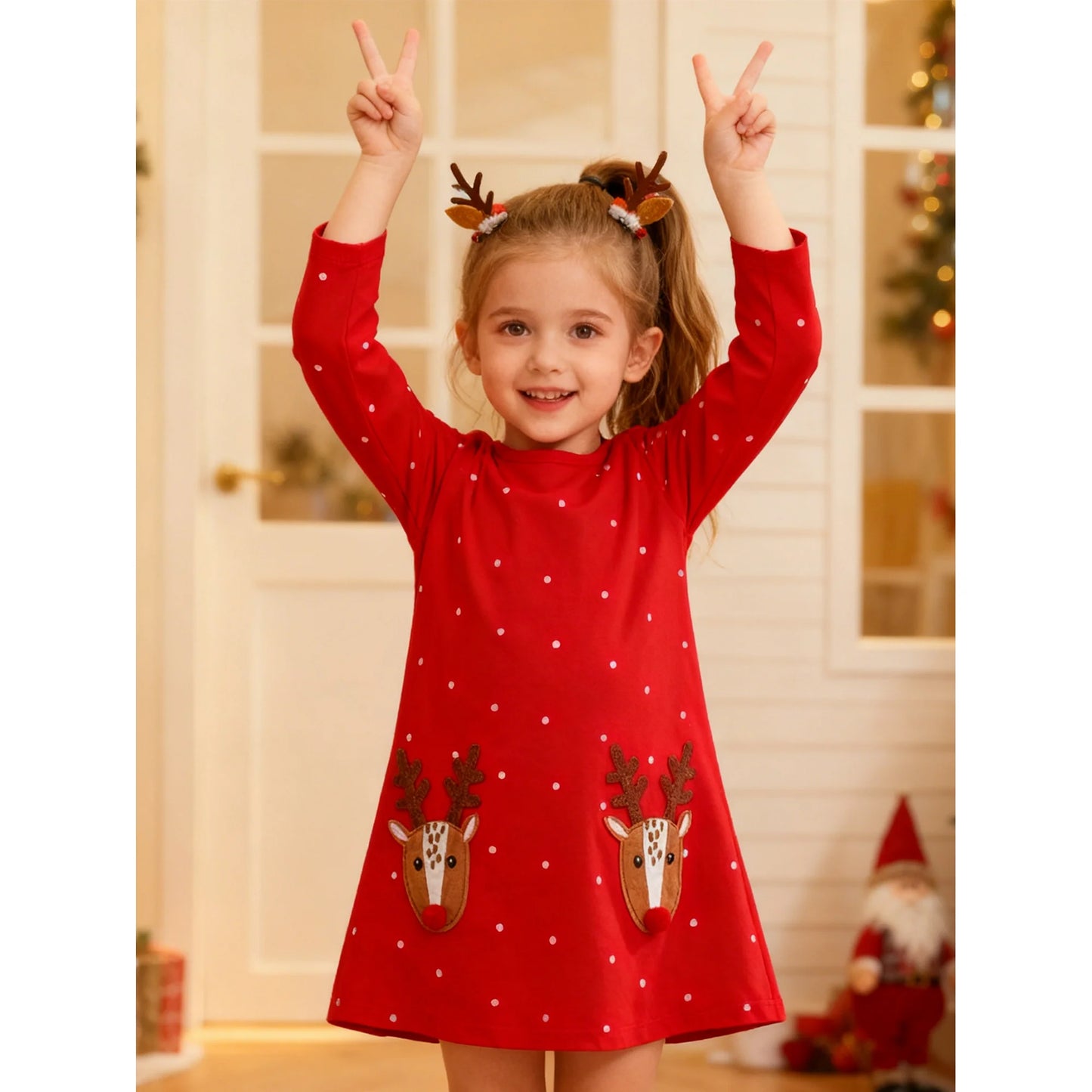 HILEELANG Toddler Girl Christmas Dress Red Dot Deer Elk Santa Applique Long Sleeve Cotton Casual Tunic Shirt Outfits Dresses
