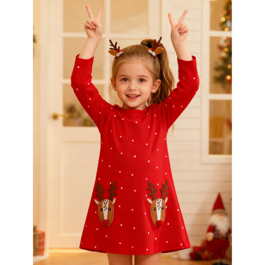 HILEELANG Toddler Girl Christmas Dress Red Dot Deer Elk Santa Applique Long Sleeve Cotton Casual Tunic Shirt Outfits Dresses