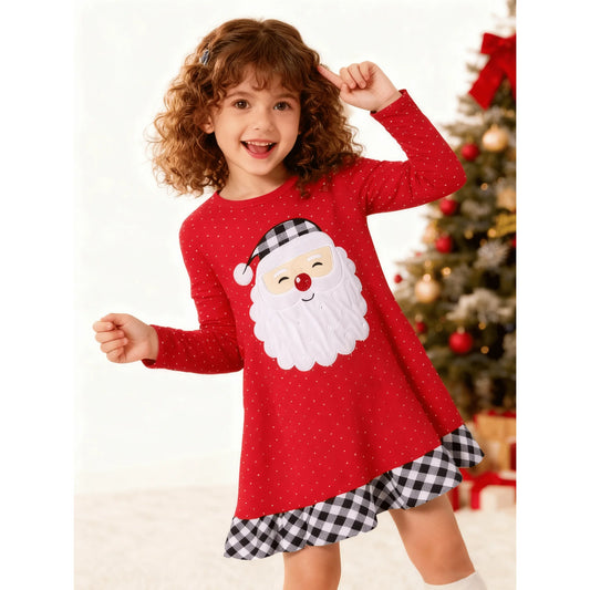 HILEELANG Toddler Girl Christmas Dress Red Dot Santa Claus Long Sleeve Cotton Casual Tunic Shirt Jersey Play Dresses