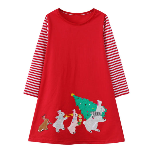 HILEELANG Toddler Girl Christmas Dress Red Rabbit Bunny Christmas Tree Applique Long Sleeve Cotton Casual Dresses