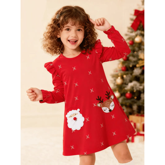 HILEELANG Toddler Girl Christmas Dress Red Ruffle Long Sleeve Cotton Casual Santa Claus Elk Applique Dresses