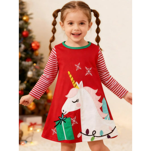 HILEELANG Toddler Girl Christmas Dress Red Unicorn Applique Cotton Casual Long Sleeve Tunic Playwear Dresses