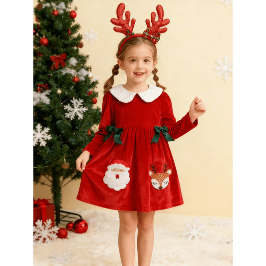 HILEELANG Toddler Girl Christmas Red Velvet Dress Long Sleeve Peter Pan Collar Elk Applique Party Dress with Hair Band