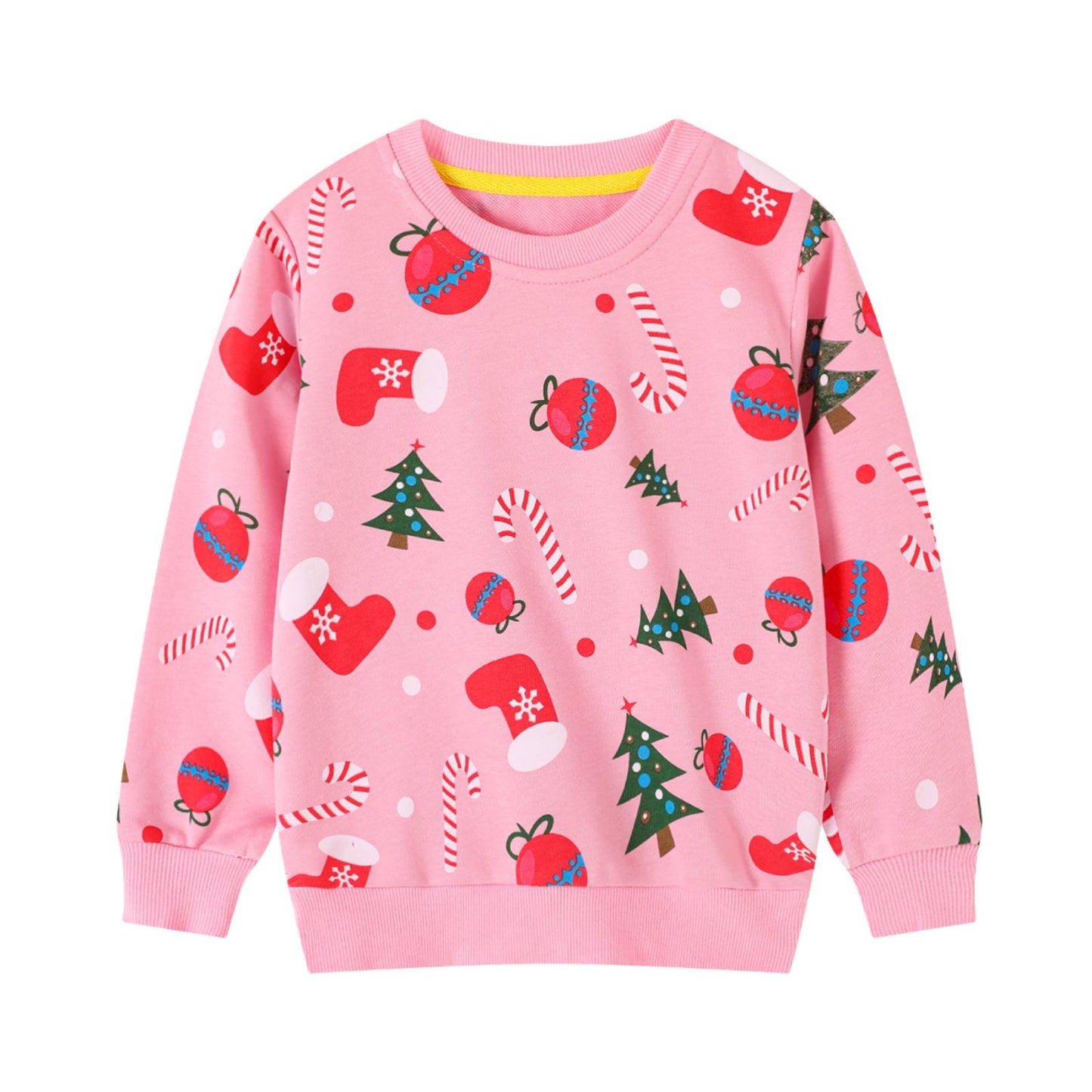 HILEELANG Toddler Girl Christmas Sweatshirts Pink Sock Graphic Cotton Crewneck Pullover Tops Sweater Shirts