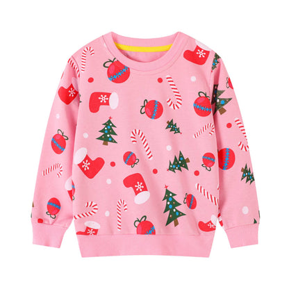 HILEELANG Toddler Girl Christmas Sweatshirts Pink Sock Graphic Cotton Crewneck Pullover Tops Sweater Shirts