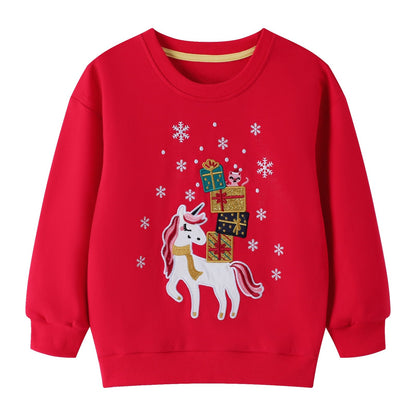 HILEELANG Toddler Girl Christmas Sweatshirts Red Unicorn Graphic Cotton Crewneck Pullover Tops Sweater Shirts