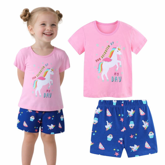 HILEELANG Toddler Girl Summer Short Outfits Cotton CrewNeck Pink Unicorn Short Sleeve Playwear 2PC Sets 2T