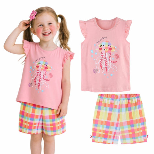 HILEELANG Toddler Girl Summer Short Sets Outfits Cotton CrewNeck Pink Jellyfish Short Sleeve Playwear 2PC