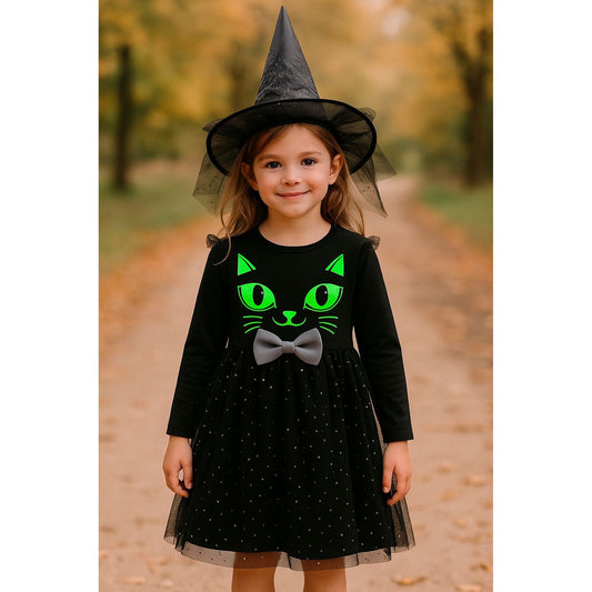 HILEELANG Toddler Girl Hallowen 2-8years old Dress Long Sleeve Novelty Black Cat Graphic Glow in the Dark Tulle Tutu Party Dresses With Witch Hat