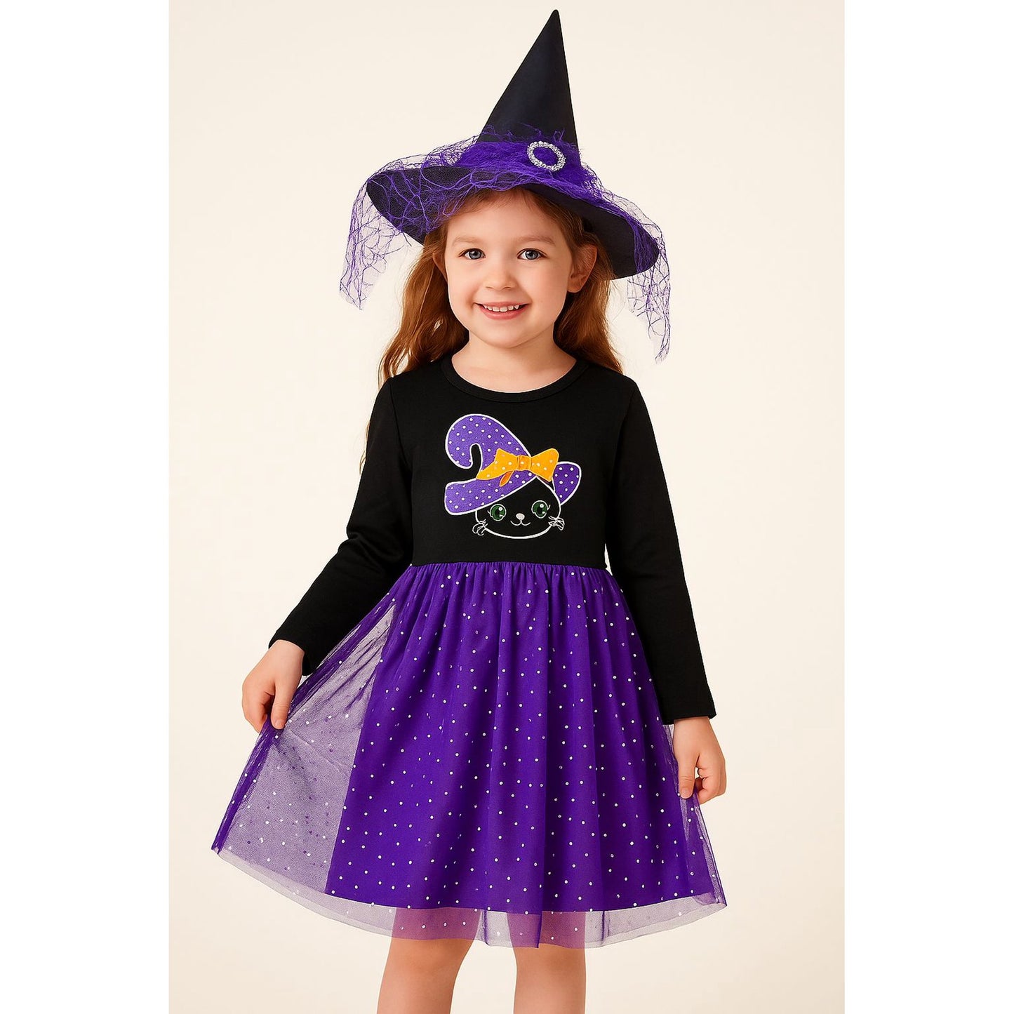 HILEELANG Toddler Girl Hallowen 2-8years old Dress Novelty Long Sleeve Black Cat Applique Purple Tulle Tutu Outfits With Witch Hat