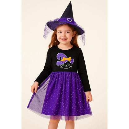 HILEELANG Toddler Girl Hallowen 2-8years old Dress Novelty Long Sleeve Black Cat Applique Purple Tulle Tutu Outfits With Witch Hat
