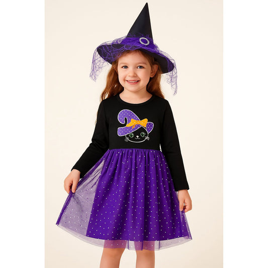 HILEELANG Toddler Girl Hallowen 2-8years old Dress Novelty Long Sleeve Black Cat Applique Purple Tulle Tutu Outfits With Witch Hat
