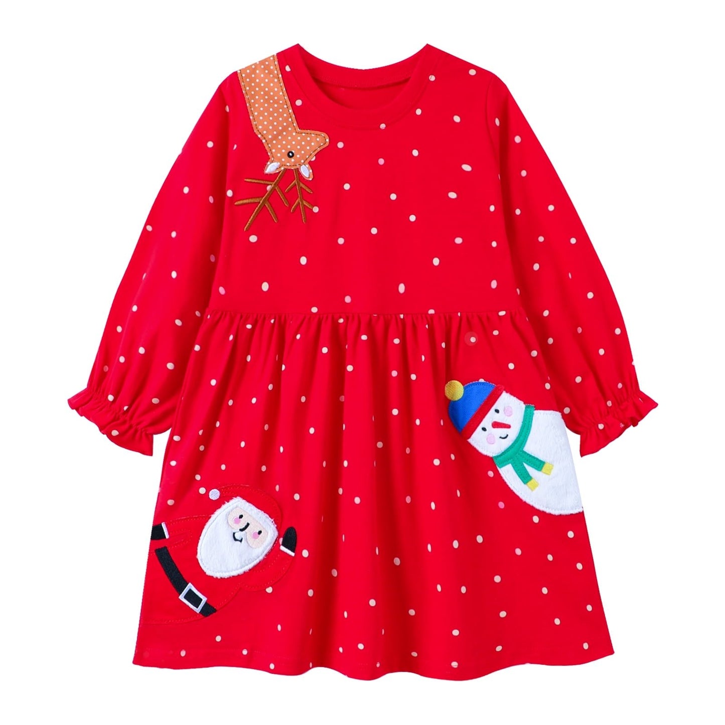 HILEELANG Toddler Girl Kids' Christmas Dress Red Polka Dot Long Sleeve Santa Snowman Appliques Holiday Outfit Jersey Shirt Playwear Dresses