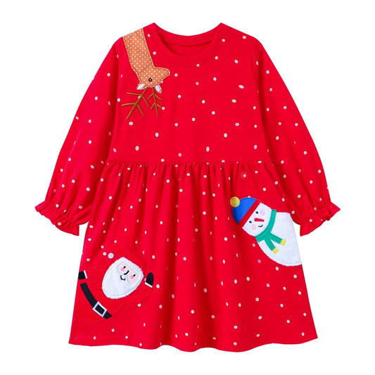 HILEELANG Toddler Girl Kids' Christmas Dress Red Polka Dot Long Sleeve Santa Snowman Appliques Holiday Outfit Jersey Shirt Playwear Dresses