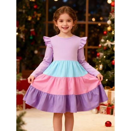 HILEELANG Toddler Girl Long Sleeve Dress Ruffle Solid Color Cotton Casual Tiered Pleated Twirly Dress
