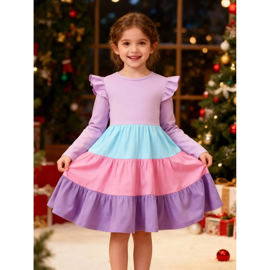 HILEELANG Toddler Girl Long Sleeve Dress Ruffle Solid Color Cotton Casual Tiered Pleated Twirly Dress