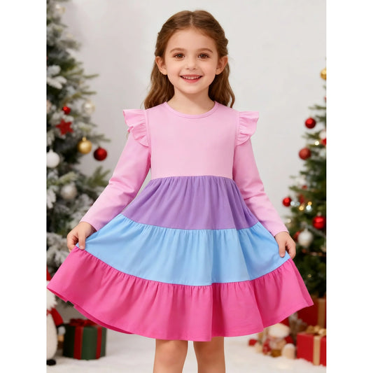 HILEELANG Toddler Girl Long Sleeve Dress Ruffle Solid Color Cotton Casual Tiered Pleated Twirly Dress