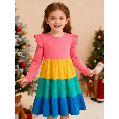 HILEELANG Toddler Girl Long Sleeve Dress Ruffle Solid Color Cotton Casual Tiered Pleated Twirly Dress