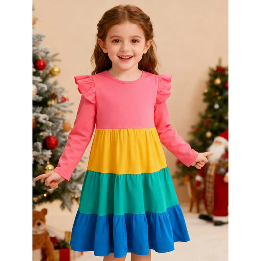HILEELANG Toddler Girl Long Sleeve Dress Ruffle Solid Color Cotton Casual Tiered Pleated Twirly Dress