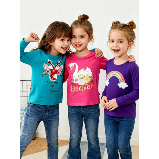 Toddler Girl Long Sleeve Shirts Christmas Pink Green Elk Purple Rainbow Cotton Casual Crewneck Jersey Tunic T-Shirts 3 Packs