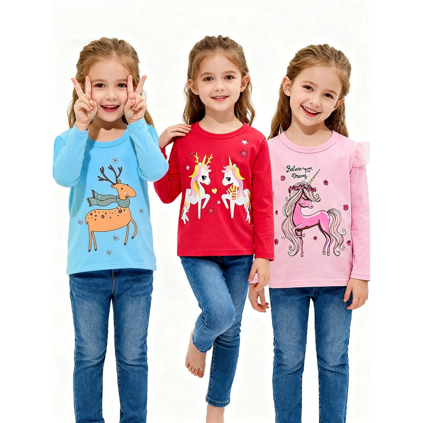 Toddler Girl Long Sleeve Shirts Christmas Ruffle Pink Red Unicorn Graphic Cotton Casual Crewneck Jersey Tunic T-Shirts 3 Packs