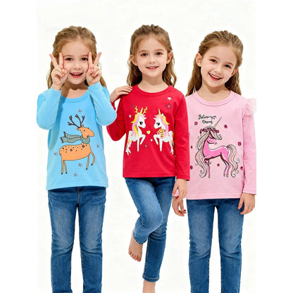 Toddler Girl Long Sleeve Shirts Christmas Ruffle Pink Red Unicorn Graphic Cotton Casual Crewneck Jersey Tunic T-Shirts 3 Packs