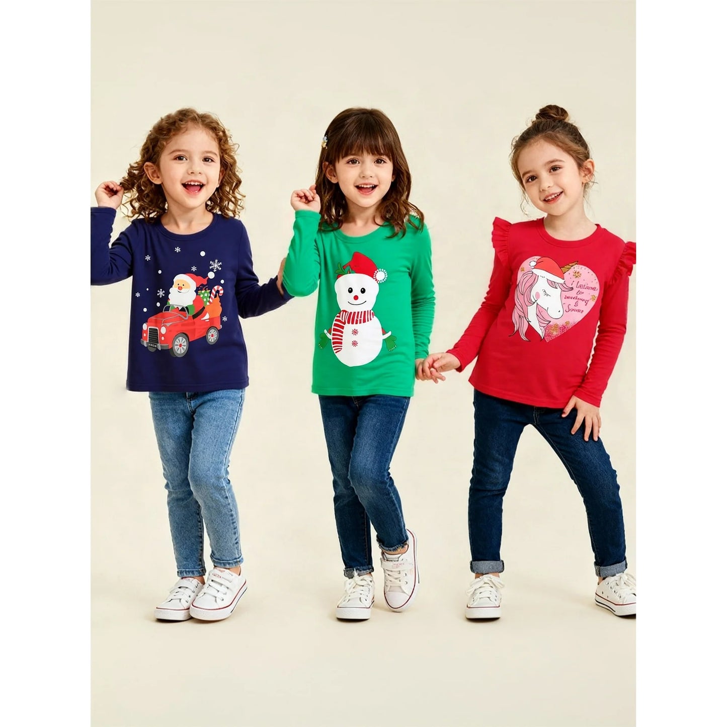 Toddler Girl Long Sleeve Shirts Christmas Ruffle Red Unicorn Green Snowman Cotton Casual Crewneck Jersey Tunic T-Shirts 3 Packs