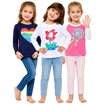Toddler Girl Long Sleeve Shirts Cotton Casual Crewneck Graphic White Blue Pink Tunic T-Shirts 3 Packs