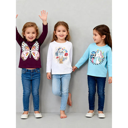 Toddler Girl Long Sleeve Shirts Cotton Casual Crewneck Purple Buttfly Jersey Bunny Unicorn Tunic T-Shirts 3 Packs