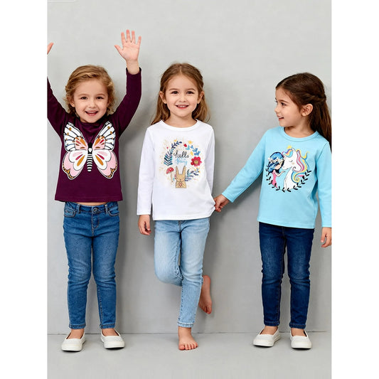 Toddler Girl Long Sleeve Shirts Cotton Casual Crewneck Purple Buttfly Jersey Bunny Unicorn Tunic T-Shirts 3 Packs