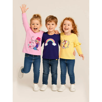 Toddler Girl Long Sleeve Shirts Ruffle Blue Rainbow Cotton Casual Crewneck Jersey Tunic T-Shirts 3 Packs