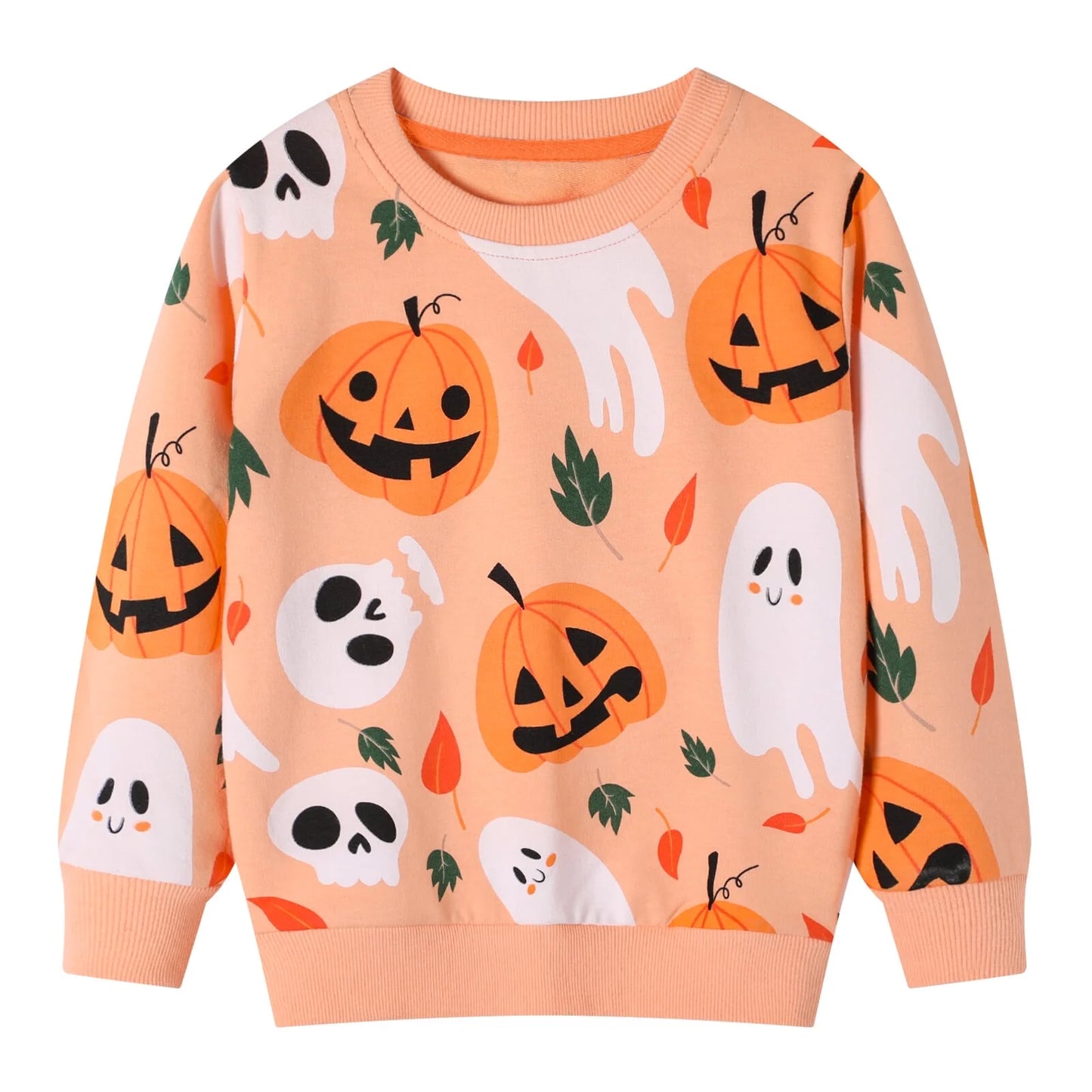 HILEELANG Toddler Girl Sweatshirts Halloween Pumpkin Ghost Printed Cotton Casual Crew Neck Long Sleeve Tops Shirt