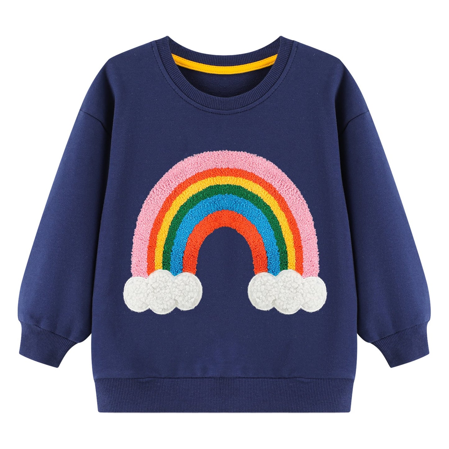 HILEELANG Toddler Girl Sweatshirts Navy Rainbow Towel Embroidery Applique Cotton Crewneck Pullover Tops Sweater Shirts