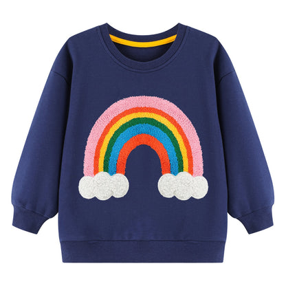 HILEELANG Toddler Girl Sweatshirts Navy Rainbow Towel Embroidery Applique Cotton Crewneck Pullover Tops Sweater Shirts