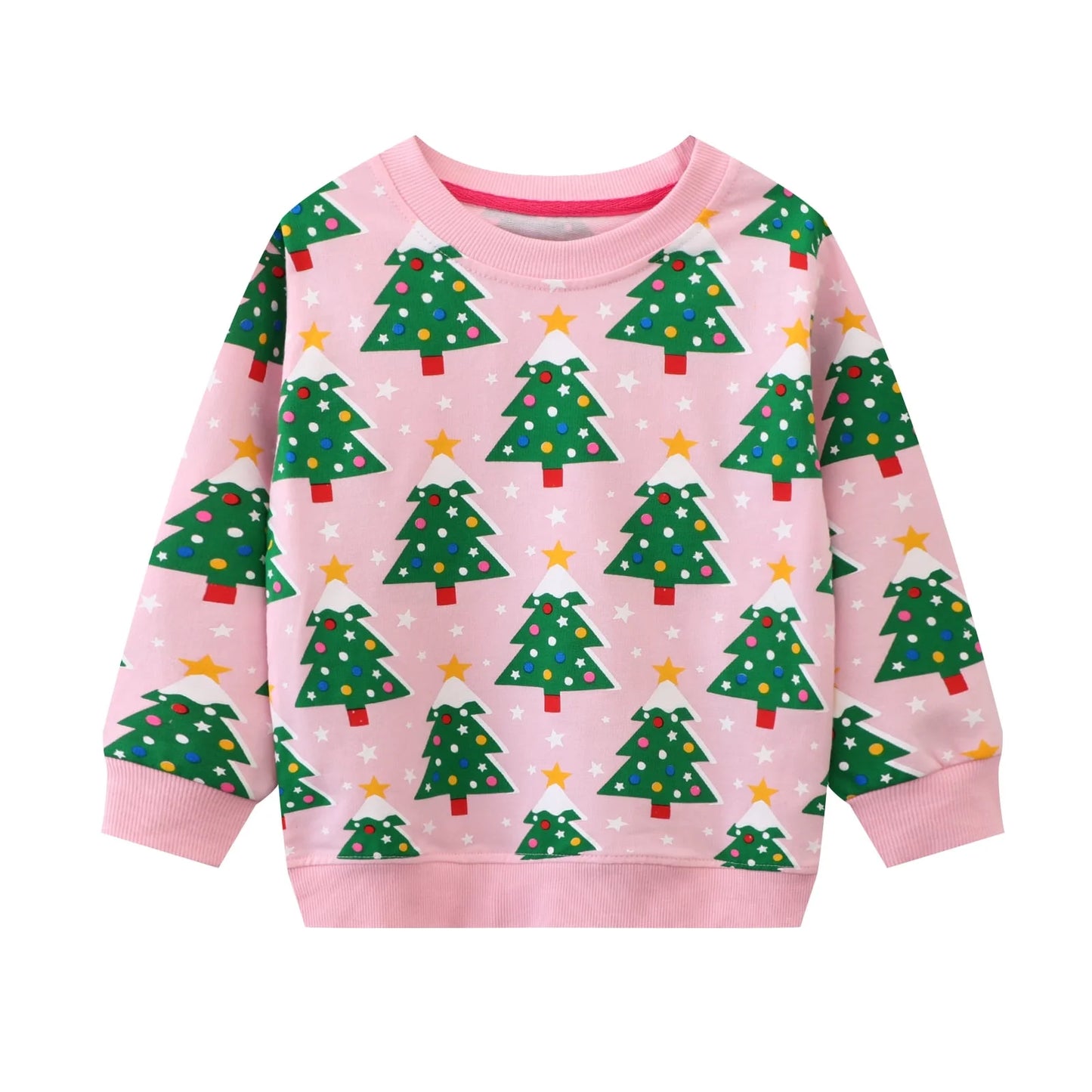 HILEELANG Toddler Girl Sweatshirts Pink Christmas trees Printed Cotton Casual Crew Neck Long Sleeve Tops Shirt