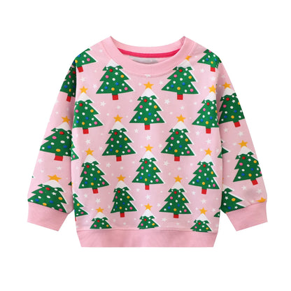 HILEELANG Toddler Girl Sweatshirts Pink Christmas trees Printed Cotton Casual Crew Neck Long Sleeve Tops Shirt