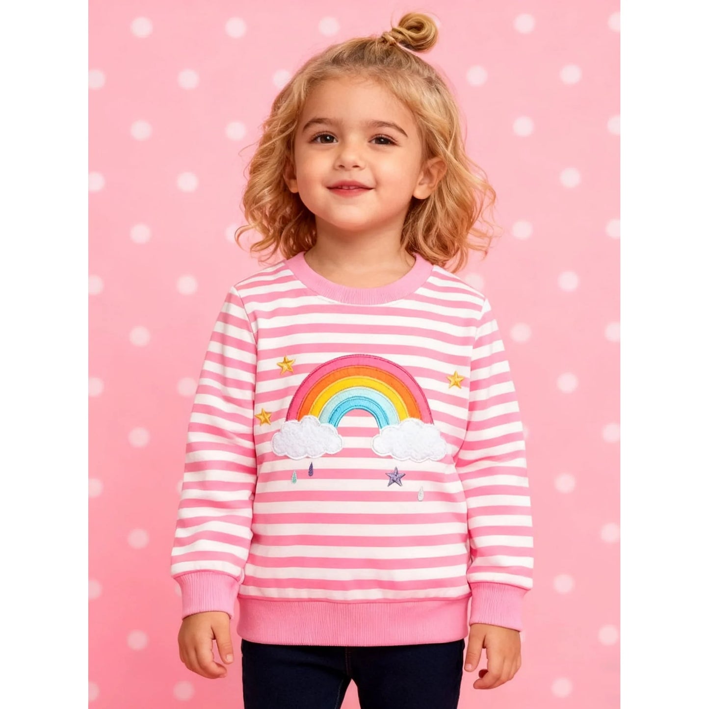 HILEELANG Toddler Girls(2-8Y) Sweatshirt -Pink Stripe Rainbow Pullover Crewneck Holiday Tops Long Sleeve