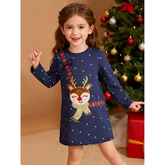 HILEELANG Toddler Girls Christmas Long Sleeve Dress Cotton Casual Navy Elk Embroidery Jersey Shirt Fall Winter Holiday Playwear Dresses 2