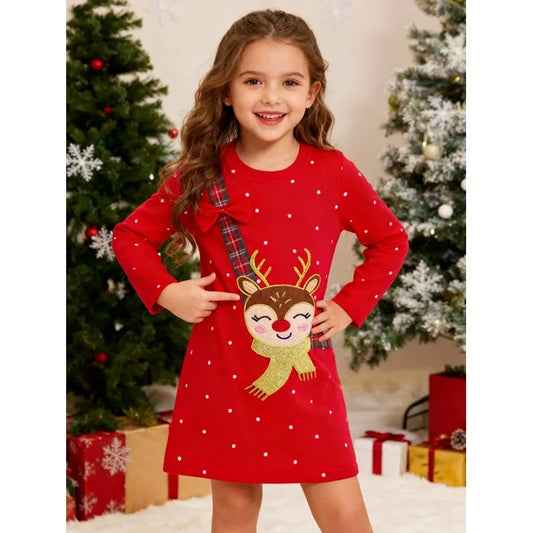 HILEELANG Toddler Girls Christmas Long Sleeve Dress Cotton Casual Red Elk Embroidery Jersey Shirt Fall Winter Holiday Playwear Dresses