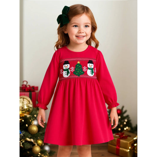 HILEELANG Toddler Girls Christmas Long Sleeve Dress Cotton Casual Red Snowman and Christmas Tree Jersey Shirt Fall Winter Holiday Playwear Dresses