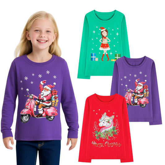 HILEELANG Toddler Girls'Christmas Long Sleeve Tee Shirt Cotton Crewneck Santa Claus Graphic Tops T-Shirts Blue Yellow Pink 3 Packs