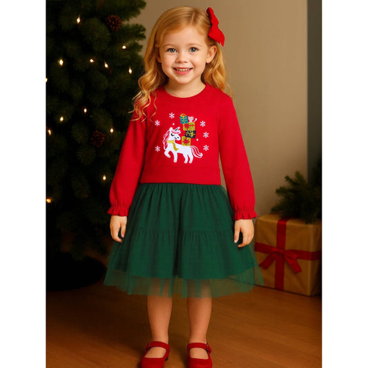 HILEELANG Toddler Girls Christmas Long Sleeve Tulle Dress Cotton Casual Red Unicorn Embroidery Jersey Shirt Fall Winter Holiday Playwear Dresses