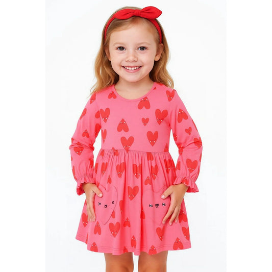 HILEELANG Toddler Girls Cotton Dress 2-7T, 100% Soft Cotton, Long Sleeve Cute Heart Print Casual Princess Outfit